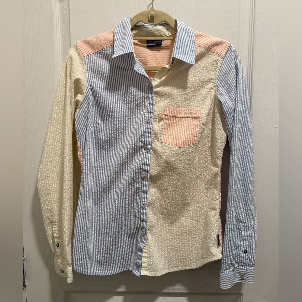 Columbia Women's PFG Button Down Shirt in Yellow, Blue, and Orange Seersucker